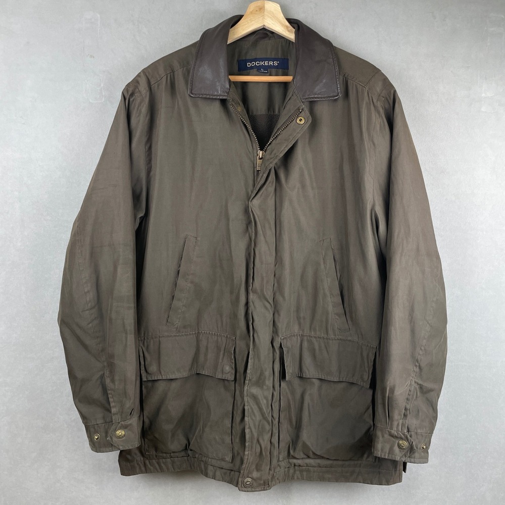Dockers Mens Field Jacket Olive Brown Resin Coated Fleece Quilted Lined L READ